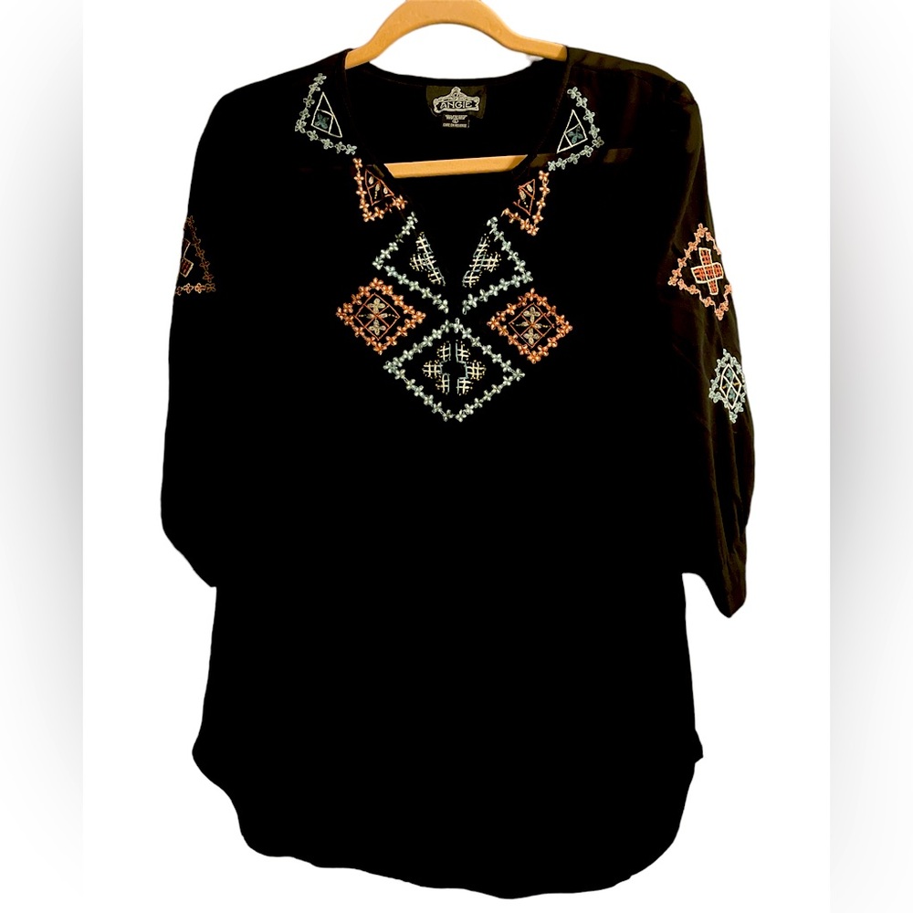 Black 3/4 sleeve with embroidering on front and sleeves